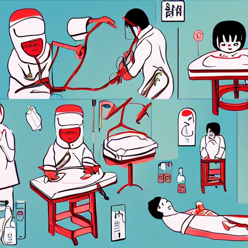 Prompt: chinese surgeons operating on a body on an operating table, in the style of daniel johnston and outsider art and spirited away, 8k, line brush, minimal, overlaid with chinese adverts