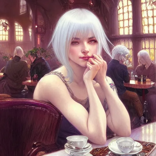 Image similar to a beautiful girl with white hair and bangs, sitting in a cafe, fantasy, intricate, elegant, highly detailed, digital painting, artstation, concept art, matte, sharp focus, illustration, art by Artgerm and Greg Rutkowski and Alphonse Mucha