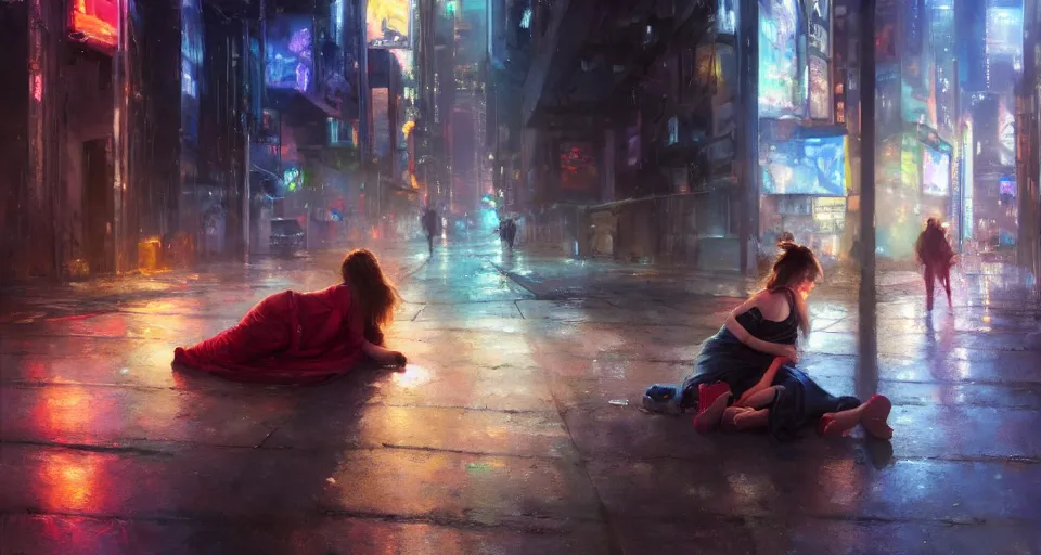 Image similar to girl sleeping on a road in a cyberpunk city. by Daniel F. Gerhartz, hyperrealistic oil painting, 4k, studio lightning