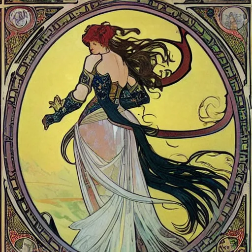 Image similar to woman in full plate armour, lance, flowing hair, fighting a dragon, painted by alphonse mucha