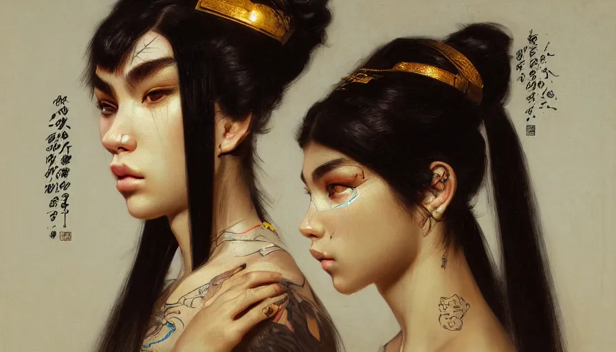 Image similar to madison beer, detailed portrait young gangster woman, amazing beauty, visor, neon tattoo, styled hair, decorated traditional japanese ornaments by carl spitzweg, ismail inceoglu, vdragan bibin, hans thoma, greg rutkowski, alexandros pyromallis, perfect face, fine details, realistic shaded