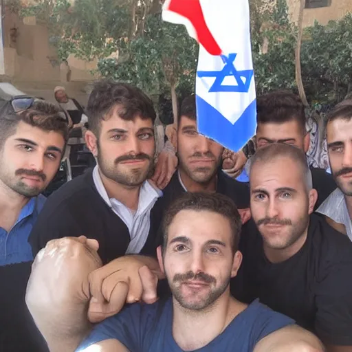 Image similar to a group of men holding another man's nose, his nose is 3 meters wide, super realistic, in the background is the israeli flag, very detailed.