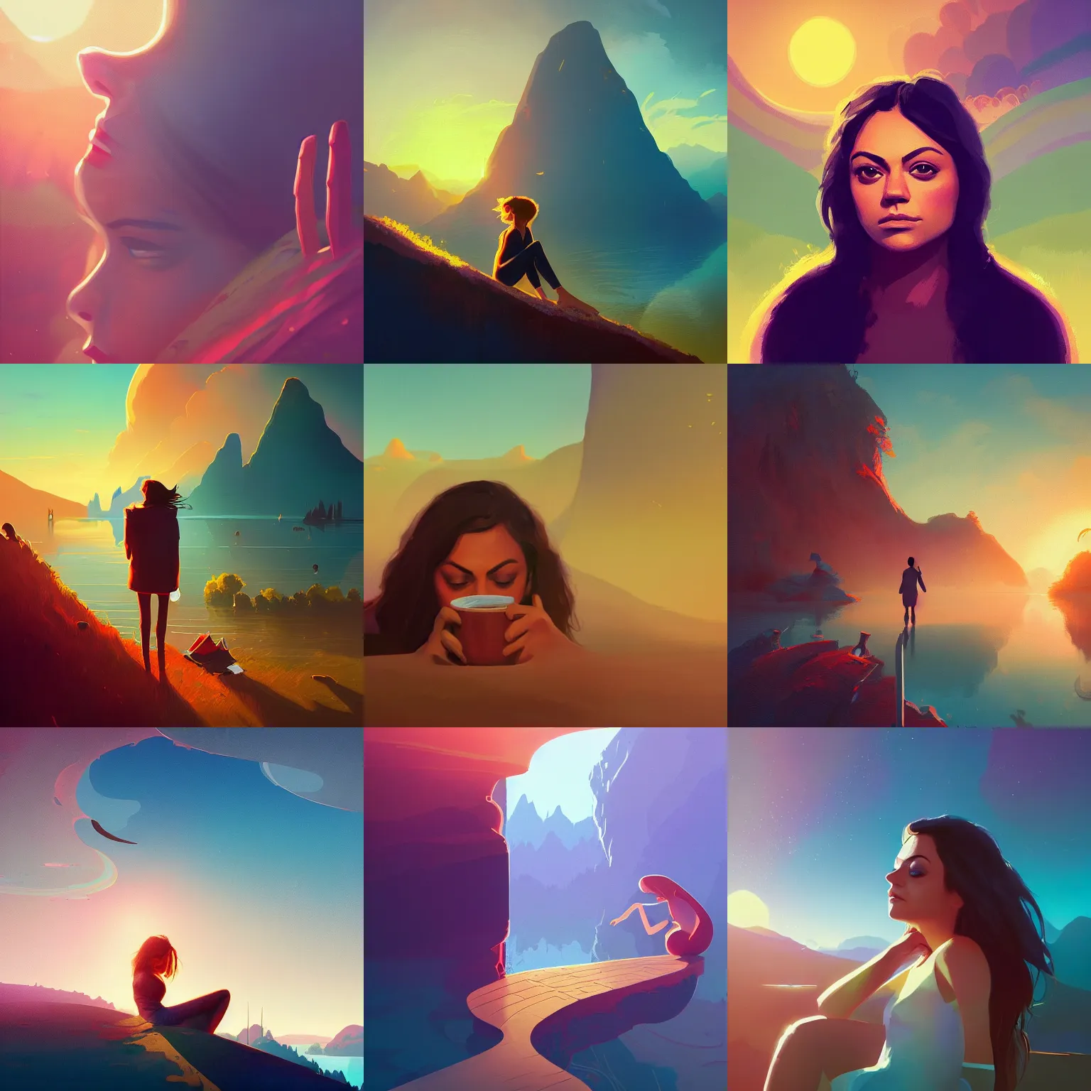 Image similar to close - up portrait of sleepy mila kunis, morning golden hour, steaming coffee, mystical lake view vista, anton fadeev, paul lehr, rhads, alena aenami