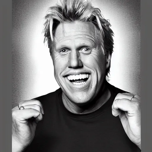 Image similar to studio portrait of gary busey merged with a giant foot