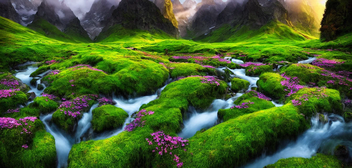 Prompt: amazing landscape photo of switzerland green spring with flowers by marc adamus, beautiful dramatic lighting