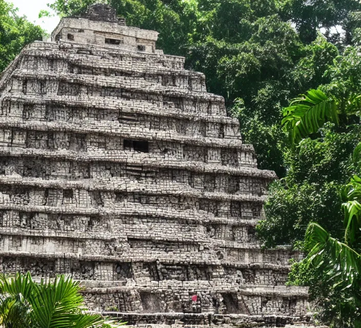 Image similar to mayan temple in form of punisher skull. background jungle