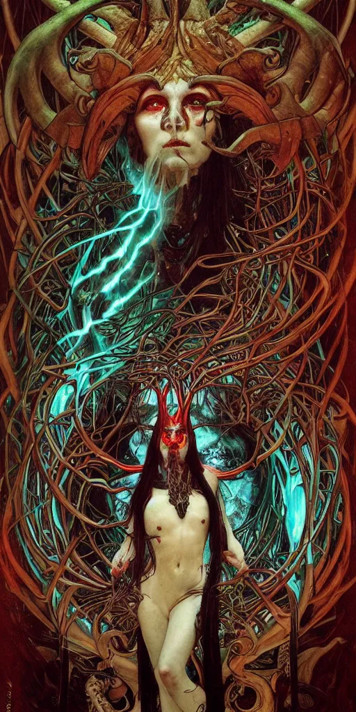 Image similar to intense roaring screaming glowing black metal pagan god with ram horns and veins and intense glowing eyes in very dark forest by karol bak and alphonse mucha, portrait, fantasy, clear, light beams, lens flare, intense, uhd, red and teal and shining polished gold, amazing depth, cinematic lighting