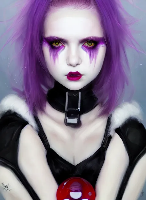 Image similar to portrait of white teenage girl, normal face, white bangs, mall goth, cyberlox, black and white hair, bangs, fluffy bangs, red contact lenses, purple lipstick, intricate, elegant, highly detailed, digital painting, artstation, concept art, sharp focus, smooth, illustration, art by wlop, mars ravelo and greg rutkowski