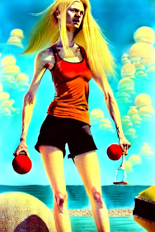 Image similar to Gediminas Pranckevicius, a gorgeous hulking beast of a woman with very long hip-length blonde hair, happy sunny day, wearing a cut-off white top and red rugged cut-off shorts standing by the water, beach tennis, in the style of artgerm and moebius and annie liebovitz, marvel comics, photorealistic, highly detailed, trending on artstation