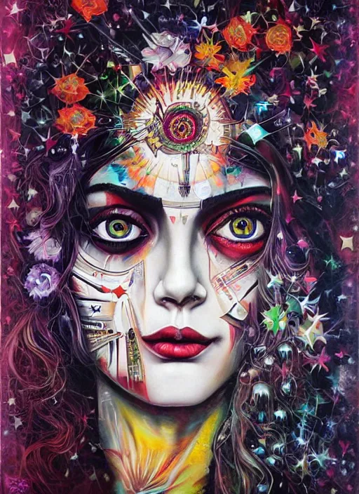Image similar to gorgeous magic cult psychic woman smiling, third eye, subjective consciousness psychedelic, epic surrealism expressionism symbolism, story telling, iconic, dark robed, oil painting, symmetrical face, dark myth mythos, by Sandra Chevrier, Harumi Hironaka masterpiece