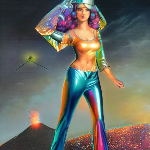 Prompt: high fantasy 1 9 8 0's wargame airbrushed artwork - inspired octane render, a model wearing an iridescent clear latex jacket and colorful iridescent glittery makeup posing in a volcanic black rock landscape