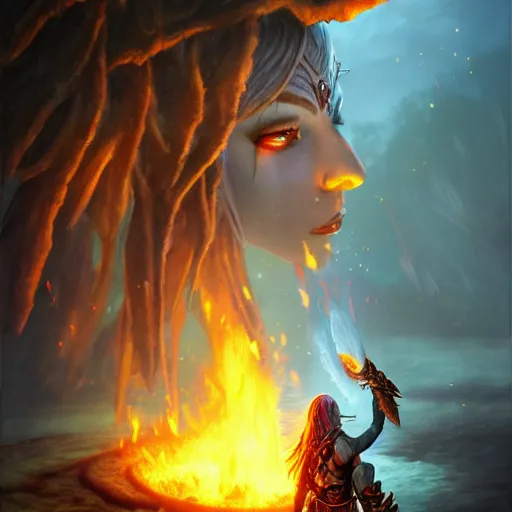 Prompt: hyperrealist portrait of sylvanas windrunner burning the world tree next to a lake formed by the universe. by bayard wu, fantasy art, photo realistic, dynamic lighting, trending on artstation, poster, volumetric lighting, very detailed faces, 4 k, award winning