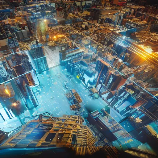 Image similar to crane shot of large group people in open warehouse, looking at hologram of futuristic city on a table, cinematic still, godrays, golden hour, natural sunlight, 4 k, clear details, tabletop model buildings, tabletop model, ethereal hologram center, crane shot, crane shot, rule of thirds, people, people