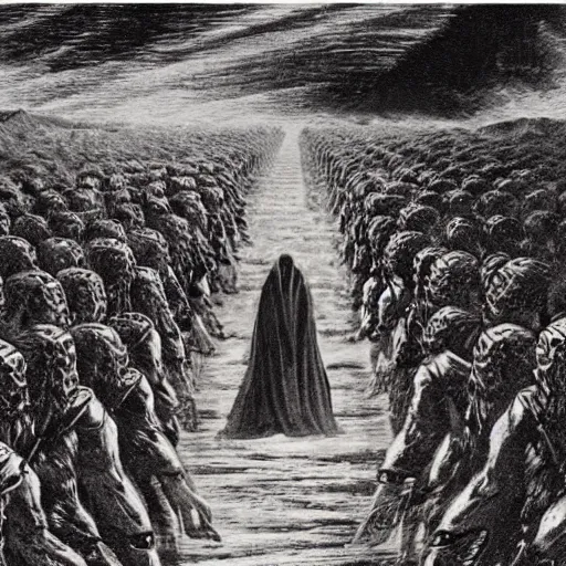 Prompt: Moses leading the Hebrews through the Red Sea, illustrated by H.R. Giger.