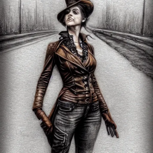 Image similar to hyper realistic full body pencil drawing of a woman steampunk facing the camera, standing on a road, water color, detailed, diffused, intricate,