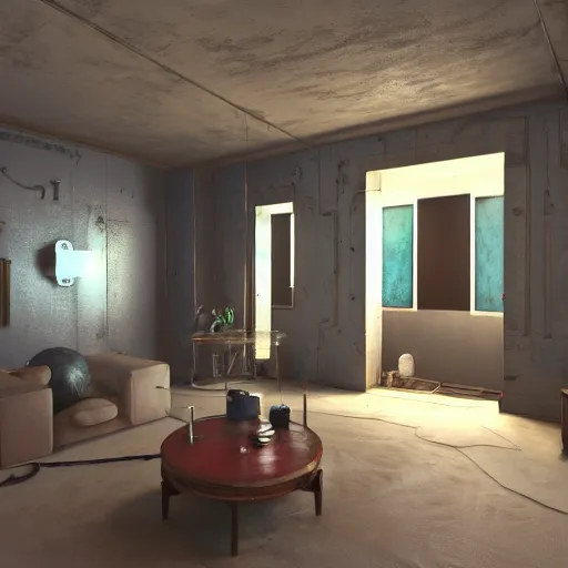 Image similar to Sci fi engine room living room, electric wallpaper, unreal engine 5 tech demo, zillow interior, cool tint, metallic reflective, octane render, Frank Lloyd Wright ((Studio Ghibli))