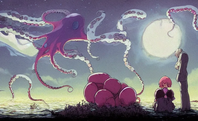 Image similar to a realistic cell - shaded studio ghibli concept art from paprika ( 2 0 0 6 ) of a flying multi - colored octopus from close encounters of the third kind ( 1 9 7 7 ) and a grey long - haired witch in a flooded stonehenge on a misty starry night. very dull colors, wide shot, hd, 4 k, hq