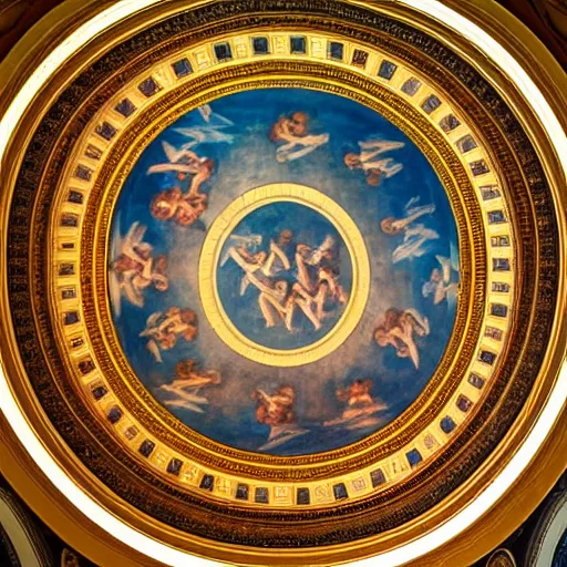 Image similar to photo of an ornated circular ceiling, full of paintings of angels, centered symmetrical highly detailed