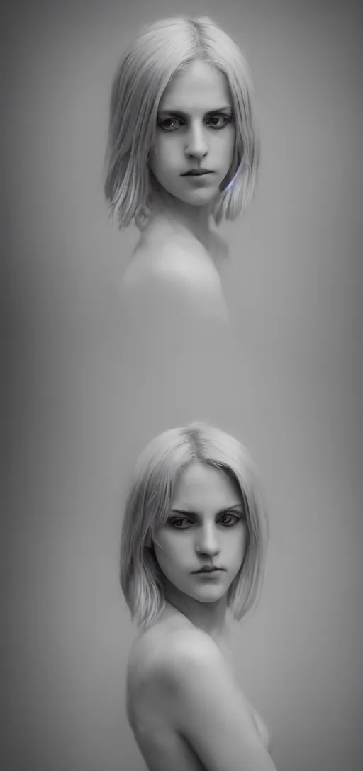 Image similar to cute annie leonhart in a white room, beautiful face, pale skin, rule of thirds, cinematic lighting, rainy weather, melancholy atmosphere, sharp focus, backlit, stunning, model agency, smooth, hard focus, full body shot, instagram photo, shot on sony a 7 iii, hyper realistic,