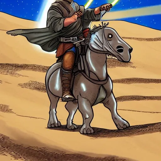 Image similar to luke skywalker riding a sandworm