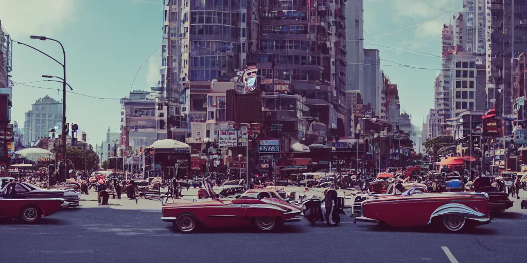 Image similar to low angle wide shot, street scene, retro futuristic vintage shiny polished traffic mainly cars and motorcycles, volumetric lighting, beautiful, day time, spring, sunny weather, sharp focus, highly detailed, photorealistic, 4 0 0 0 k, f 1. 4, cgsociety