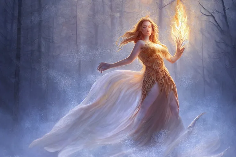 Image similar to Majestic painting of a beautiful young female fire goddess!! being corrupted by ice, intricate, epic, elegant, menacing, fantasy, highly detailed, digital painting, hard focus, beautiful volumetric lighting, epic light, ultra detailed, souls, smoke, icicle, frozen by Leesha Hannigan, Ross Tran, Thierry Doizon, Kai Carpenter, Ignacio Fernández Ríos