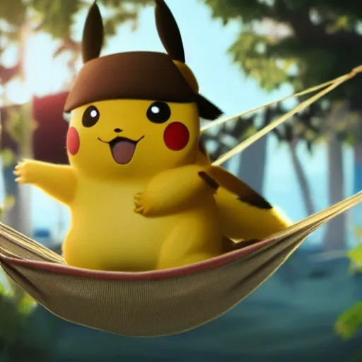 Prompt: pikachu in a hammock, cinematic, cinematic lighting, trending on Artstation, Cgsociety, detailed, 4k, very realistic