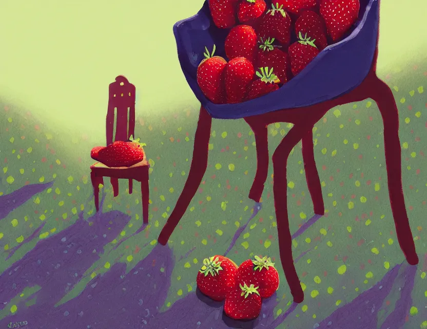 Prompt: priestess of chairs and strawberries in the icy mountains. gouache painting by indie concept artist, chiaroscuro, bokeh, backlighting, field of depth