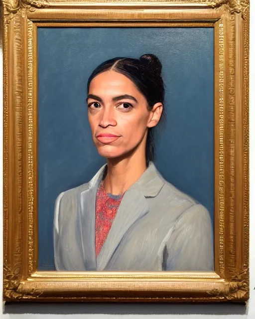 Image similar to close - up portrait of the united states president, alexandria ocasio - cortez, standing at the resolute desk, 2 0 2 4, painting, oil on canvas by william sidney mount, trending on artstation, national archives