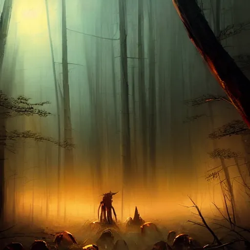 Image similar to ''cinematic shot'' hooded dark demon mage reinccarnating skeletons with golden armor and spears in the dead forest full of monster atmosferic dark foggy made by ivan aivazovsky, peter mohrbacher, greg rutkowski volumetric light effect broad light oil painting painting fantasy art style sci - fi art style realism premium prints available artwork unreal engine