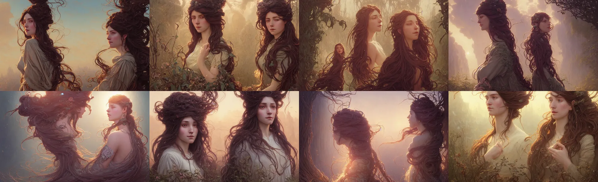 Image similar to highly detailed portrait of a woman with long hairs, stephen bliss, unreal engine, fantasy art by greg rutkowski, art nouveau, loish, rhads, ferdinand knab, makoto shinkai and lois van baarle, ilya kuvshinov, rossdraws, tom bagshaw, alphonse mucha, global illumination, radiant light, detailed and intricate environment