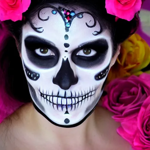 Image similar to roller derby woman dia de muertos makeup, photorealistic, high definition,