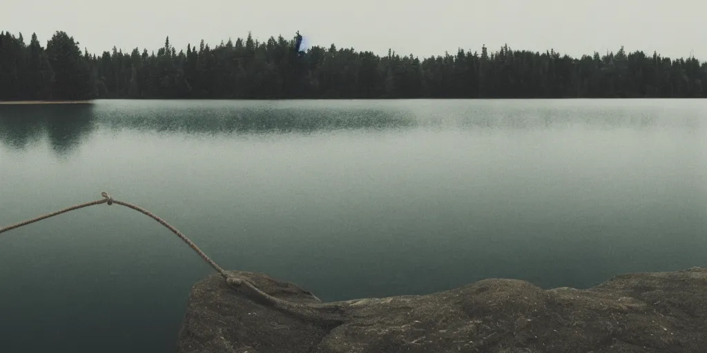 Image similar to symmetrical photograph of an infinitely long rope submerged on the surface of the water, the rope is snaking from the foreground towards the center of the lake, a dark lake on a cloudy day, trees in the background, moody scene, kodak colorful film stock, anamorphic lens