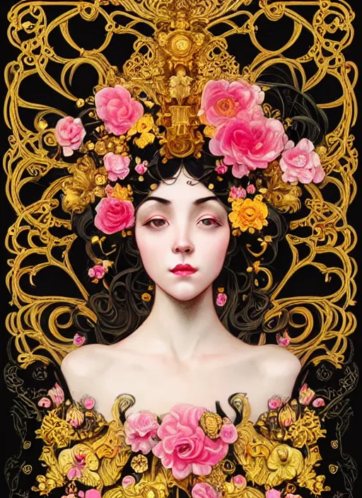 Image similar to beautiful black pink yellow, complicated gold and pink flowers in baroque style headwears, dark fantasy, intricate, elegant, highly detailed, digital painting, artstation, concept art, matte, 3 d 8 k octane rendered, sharp focus, illustration, octane rendered, art by artgerm and alphonse mucha, leesha hannigan