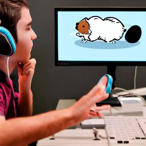 Prompt: the hamster with headphones is sitting at the computer on rgb gaming chair and playing computer