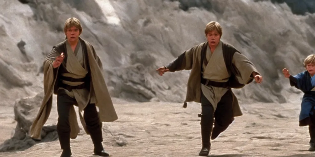 Image similar to A still of Mark Hamill as Jedi Master Luke Skywalker on the right and a young Jedi student on the left, in a Star Wars Sequel, 1990, Directed by Steven Spielberg, 35mm