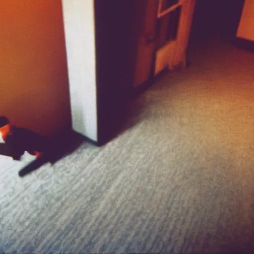 Prompt: a picture of shadow-figure in a 1970's hotel room taken on a disposable camera, tilt-shifted, real-estate-photography