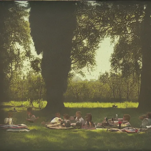 Prompt: autochrome photograph of a wide open meadow, picnic, hazy afternoon sun