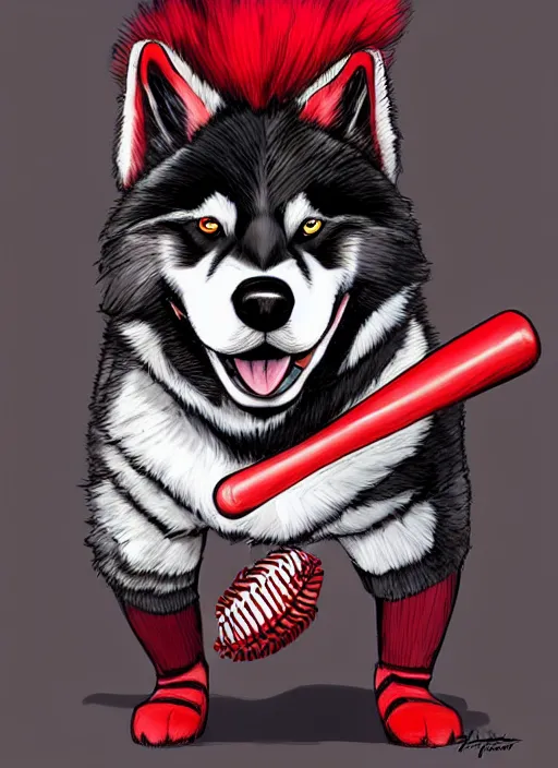 Image similar to commissioned full body portrait of a male anthro aslakan malamute with red fur playing baseball in a baseball stadium wearing a baseball uniform, by a professional manga illustrator, by Kilian Eng, by Sandra Chevrier, trending on artstation