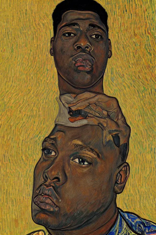 Image similar to a portrait of notorious b. i. g. in style of egon schiele, gustav klimt and vincent van gogh, masterpiece, hyperdetailed, complex, intricate, 4 k, trending on artstation