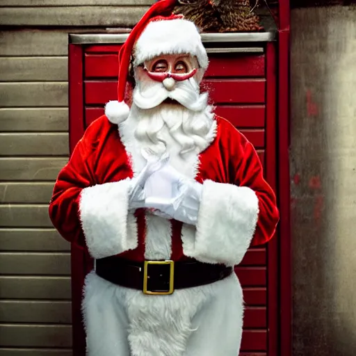 Image similar to glamour shot of a creepy Santa in the alleyway behind a dumpster from David Lynch's Christmas movie. The Santa has weird off-putting eyes. Soft lighting, film grain, VHS copy