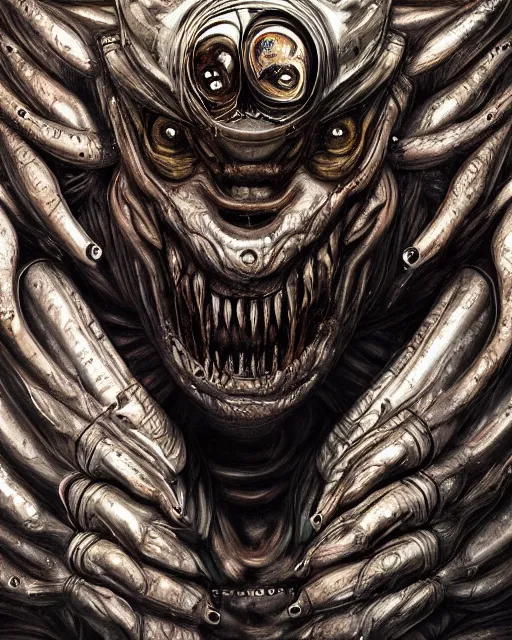 Image similar to Haunting horrifying detailed painting of a huge muscular hulking extraterrestrial metallic monster made of steel plating, hyperrealistic human eyes, hyper detailed, trending on Artstation