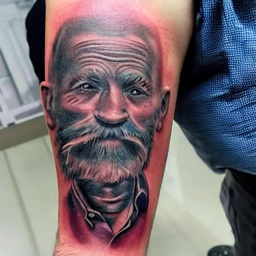 Image similar to an ultra realistic 8 k hdr photo of an award winning healed color tattoo of a rat on an old man ’ s face