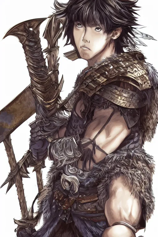 Image similar to A realistic anime portrait of a young handsome male barbarian with long wild hair, intricate fantasy spear, plated armor, D&D, dungeons and dragons, tabletop role playing game, rpg, jrpg, digital painting, by Yoshitaka Amano and Ayami Kojima and Akihiko Yoshida and Yusuke Murata, digtial painting, trending on ArtStation, SFW version