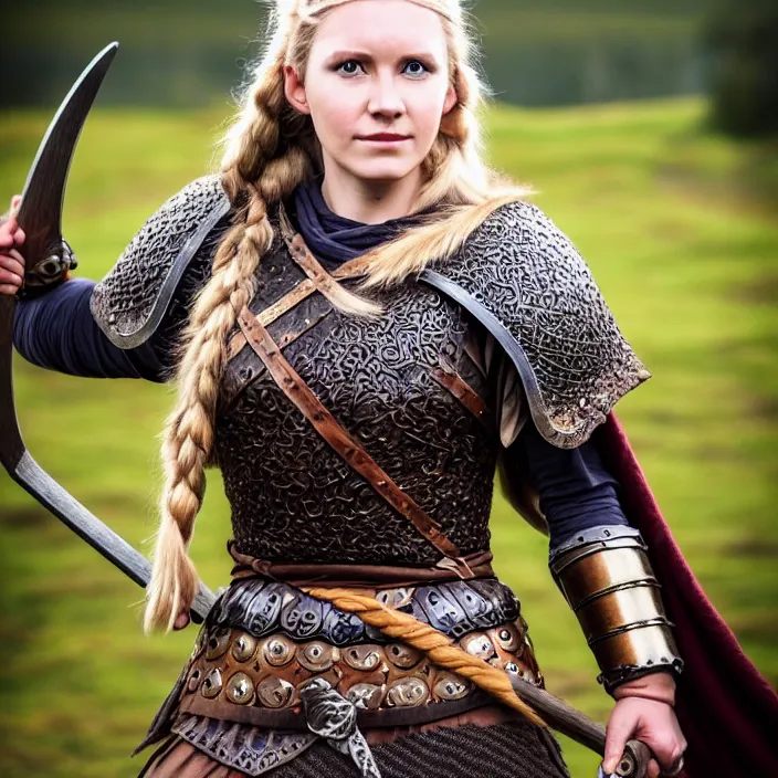 Prompt: full length photograph of a real-life beautiful female viking with intricate cloak and armour, Extremely detailed. 8k