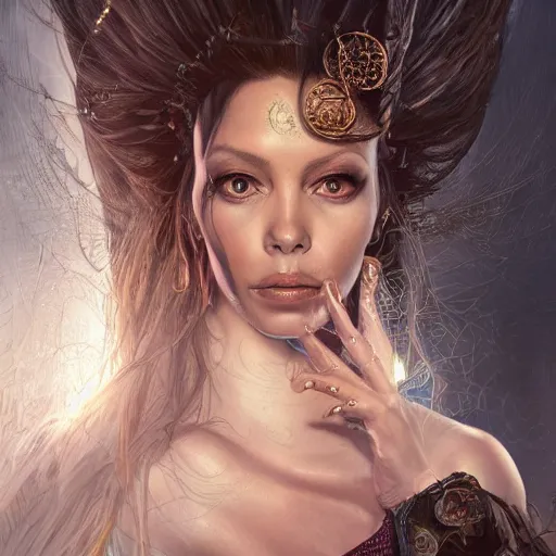 Image similar to a portrait of ornella muti as a sorceress, urban motifs, intricate, elegant, highly detailed, digital painting, trending on artstation, concept art, smooth sharp focus, illustration, art by artgerm and greg rutkowski