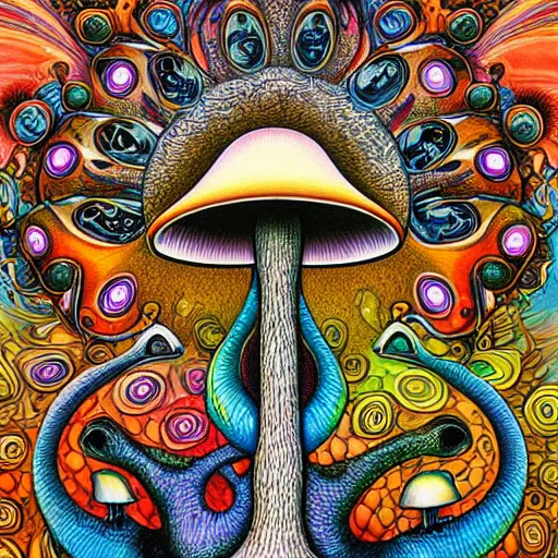 Image similar to mushroom of life painting by aaron brooks, chris dyer, android jones, and alex grey, highly detailed, high quality, high definition, 8k photo