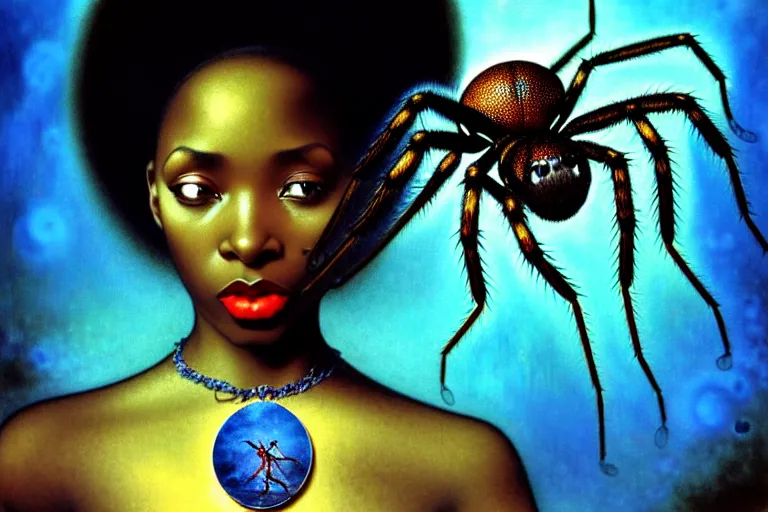 Prompt: realistic detailed photorealistic film portrait shot of a beautiful black woman with a giant spider, sci - fi city landscape background by amano, yves tanguy, alphonse mucha, ernst haeckel, max ernst, andrei tarkovsky, edward robert hughes, roger dean, necklace, dynamic pose, rich moody colours, wide angle, blue eyes