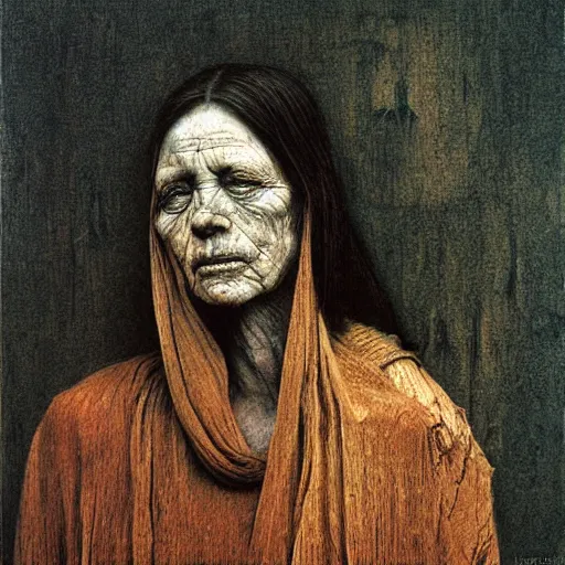 Prompt: portrait of 490 years old girl, painting by Beksinski