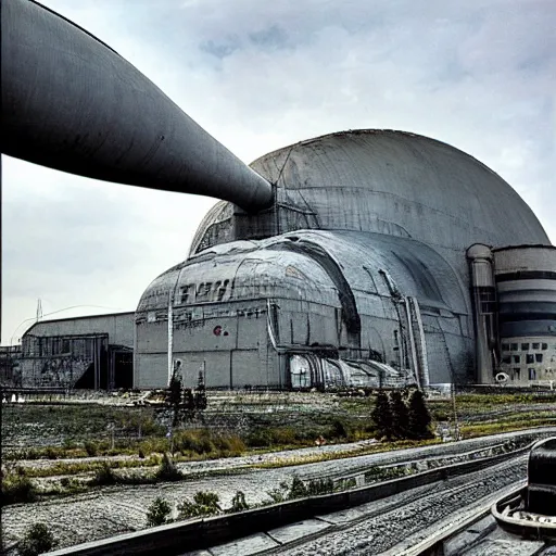 Image similar to Diesel punk Chernobyl nuclear power plant with zeppelin in the sky